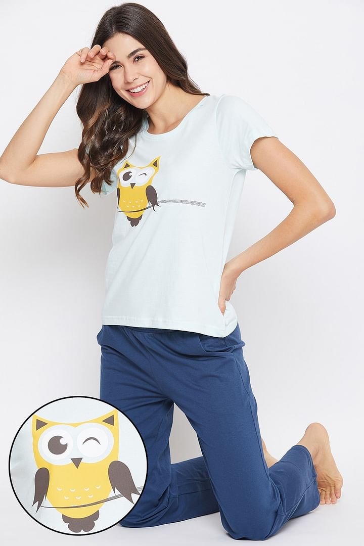 Buy Owl Print Top & Pyjama in White & Navy - 100% Cotton Online India, Best  Prices, COD - Clovia - LS0413E08