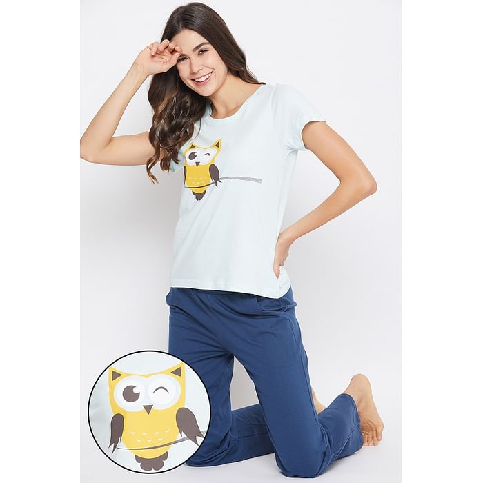 

Clovia Owl Print Top & Pyjama in White & Navy - 100% Cotton - LS0413E08