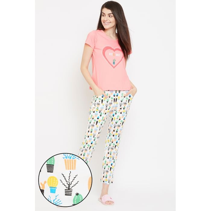 

Clovia Cool Cactus Top & Pyjama Set in Pink & White - 100% Cotton - LS0413E22