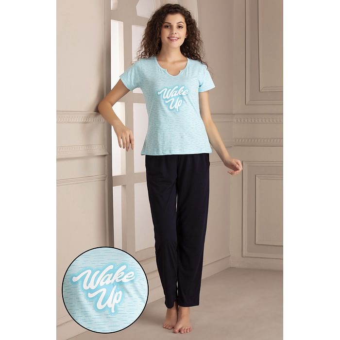 

Clovia Quirky Text Top & Pyjama Set in Blue - Cotton Rich - LS0413G03, Light blue