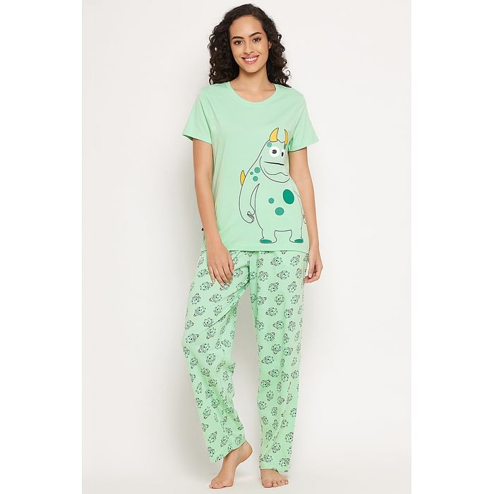 

Clovia Monster Emoji Print Top & Pyjama Set in Mint Green - 100% Cotton - LS0413G11, Light green