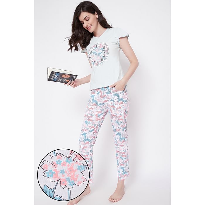 

Clovia Printed Top & Pyjama in White- 100% Cotton - LS0413H03, Light blue