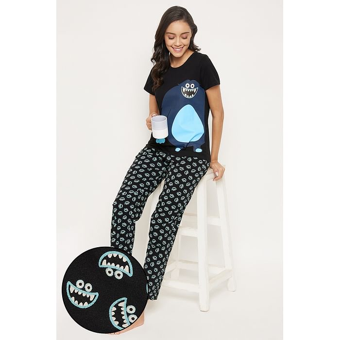 

Clovia Monster Emoji Print Top & Pyjama Set in Black - 100% Cotton - LS0413H13