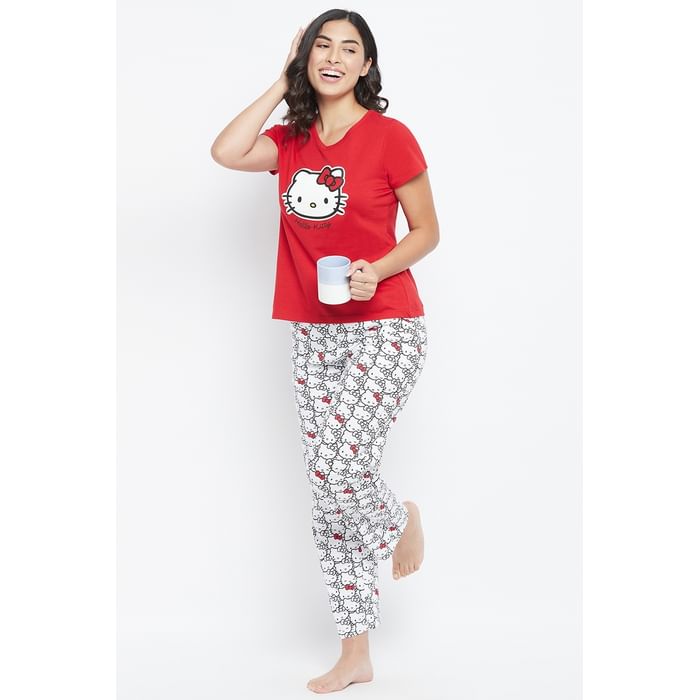 

Clovia Hello Kitty Text & Graphic Print Top & Pyjama Set in Red & White - 100% Cotton - LS0413P04