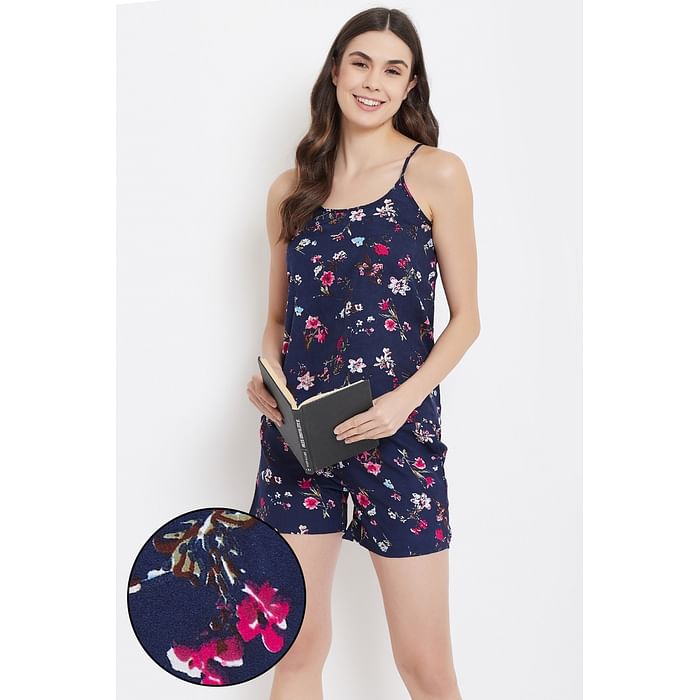 

Clovia Pretty Florals Cami Top & Shorts in Navy - Crepe - LS0419A08