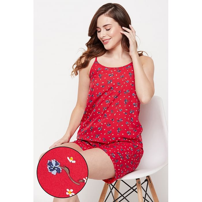 

Clovia Pretty Florals Cami Top & Shorts Set in Red - Crepe - LS0419J04