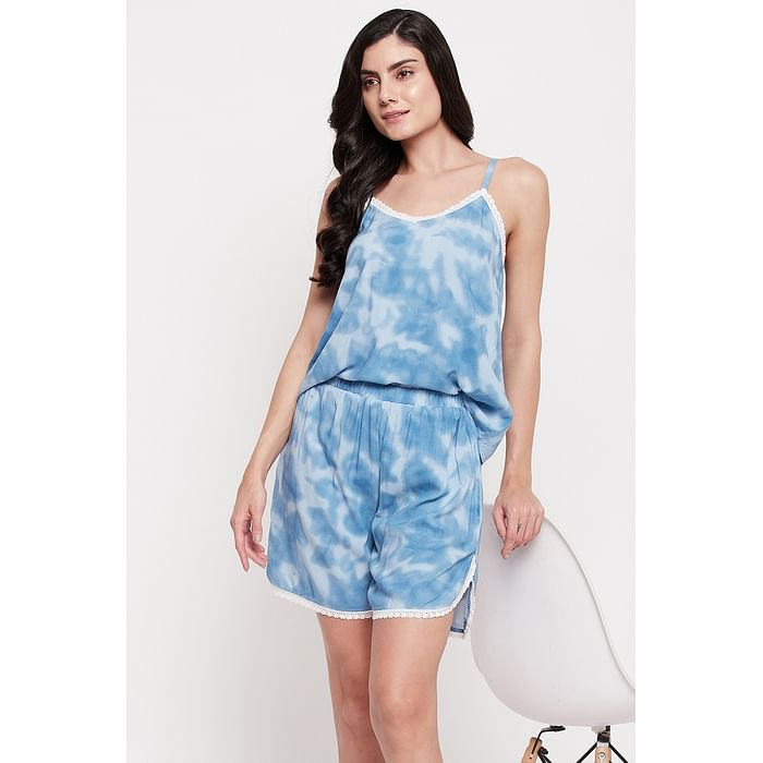 

Clovia Tie-Dye Print Top & Shorts Set in Light Blue - Rayon - LS0419P03
