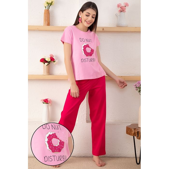 

Clovia Donut Text & Graphic Print Top & Solid Pyjama in Pink - Cotton Rich - LS0420A22, Light pink