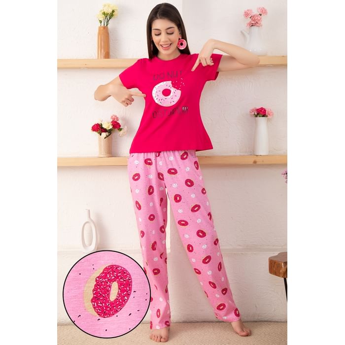 

Clovia Donut Print Top in Hot Pink & Pyjama in Baby Pink - Cotton Rich - LS0421A14