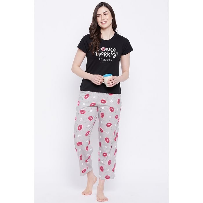 

Clovia Donut Text Print Top in Black & Graphic Print Pyjama in Grey - 100% Cotton - LS0421P13