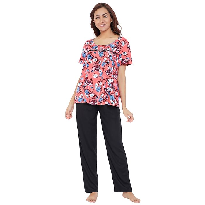 

Clovia Pretty Florals Feeding Top & Pyjama in Orange- Rayon - LS0426R16