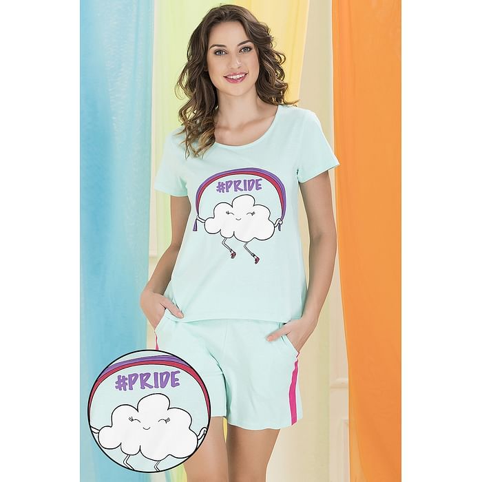 

Clovia Cotton Rich Printed Top & Shorts Set - LS0427P11, Light green