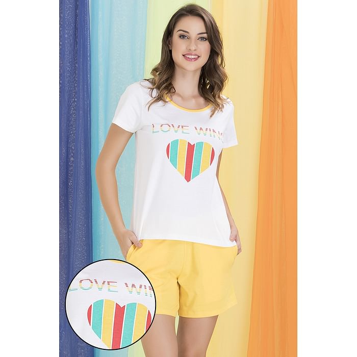 

Clovia Cotton Rich Heart Print Top & Shorts Set In White - LS0451A18