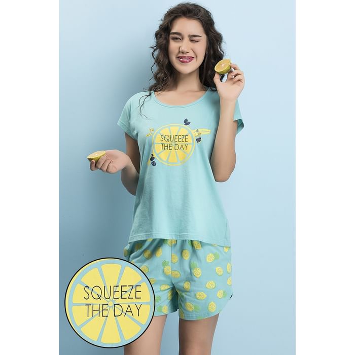 

Clovia Lemon Print Top & Shorts in Sky Blue - Cotton - LS0451P03, Light blue