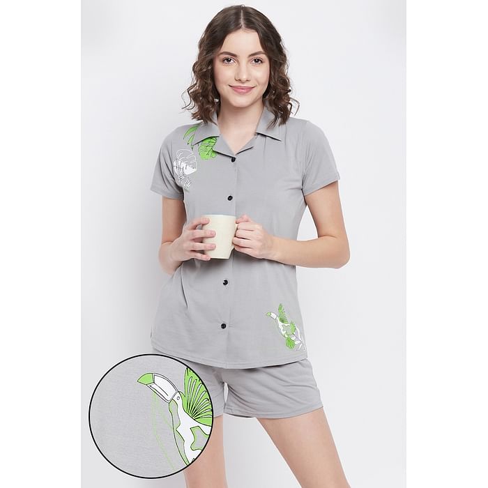 

Clovia Button Me Up Tropical Print Shirt & Solid Shorts in Grey - 100% Cotton - LS0457D05, Dark grey