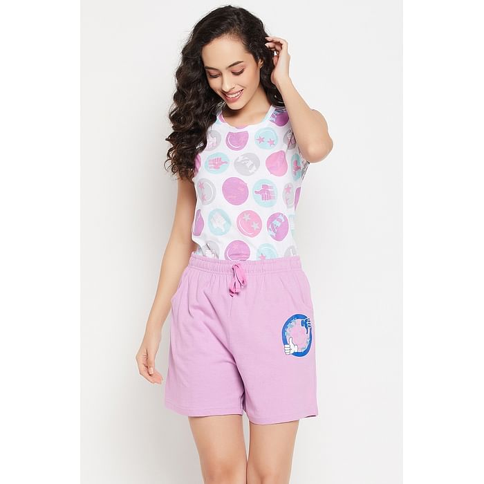 

Clovia Emoji Print Top in White & Shorts in Baby Pink - 100% Cotton - LS0462D18