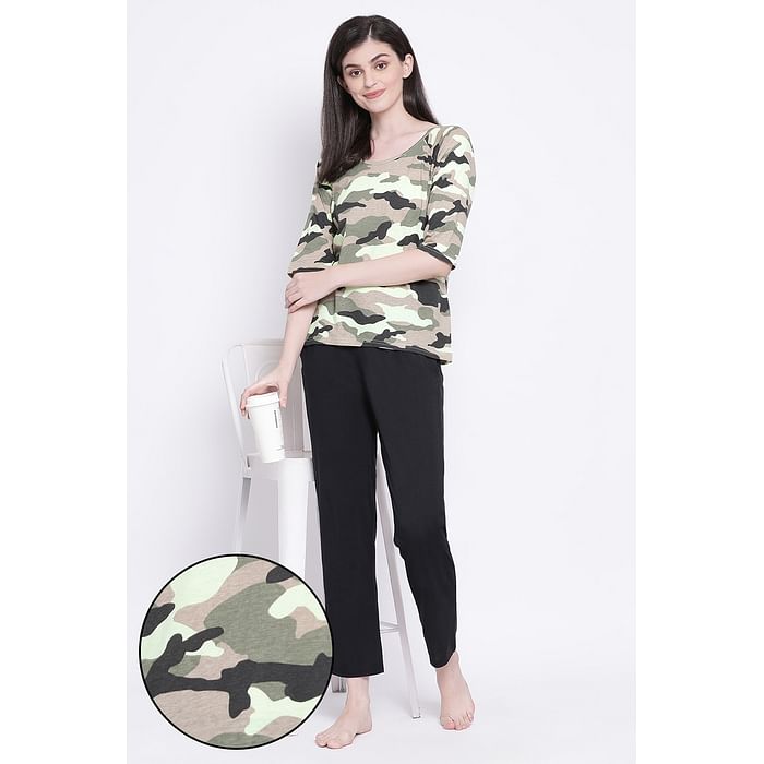 

Clovia Camouflage Print Top & Pyjama in Green & Black - Cotton Rich - LS0493P11, Light green