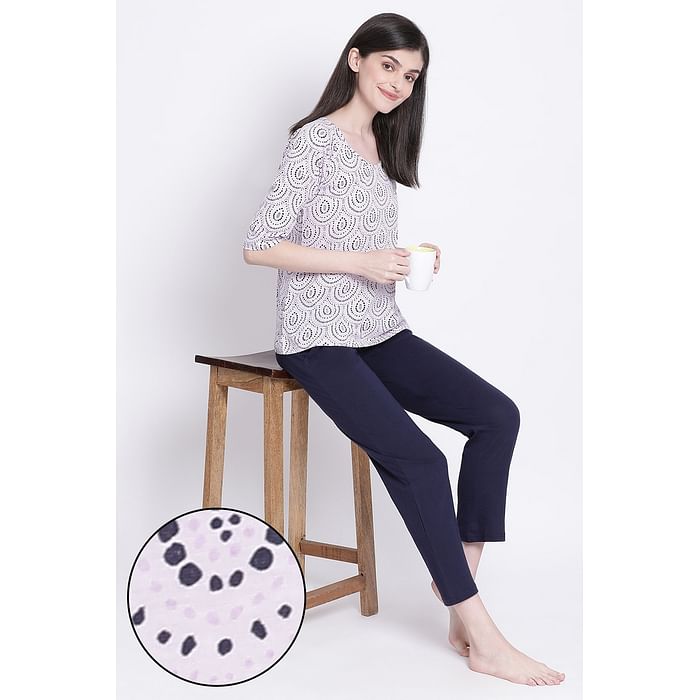 

Clovia Print Me Pretty Top & Pyjama Set in Light Purple & Navy - Cotton Rich - LS0493P12, Lavender