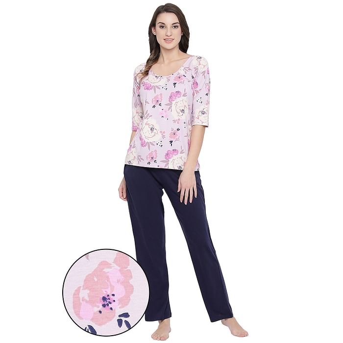 

Clovia Floral Print Top & Pyjama Set in Pink & Navy Blue - Cotton Rich - LS0493R08