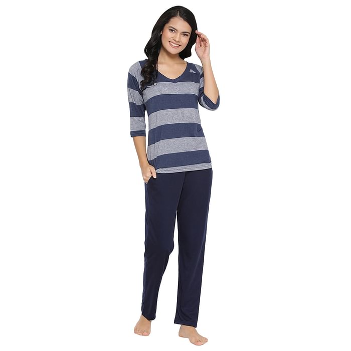 

Clovia Striped Top & Pyjama Set in Navy Blue - Cotton Rich - LS0494P08