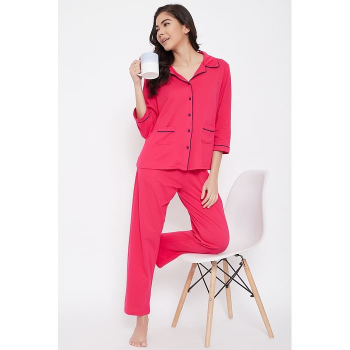 

Clovia Button Me Up Shirt & Pyjama Set in Pink - 100% Cotton - LS0495P14