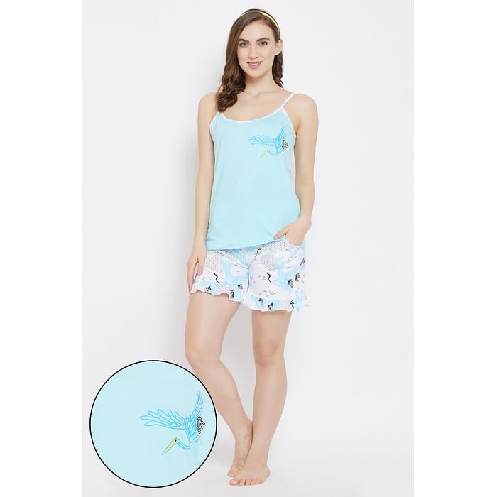 

Clovia Print Me Pretty Top & Short Set in Light Blue - 100% Cotton - LS0497P03