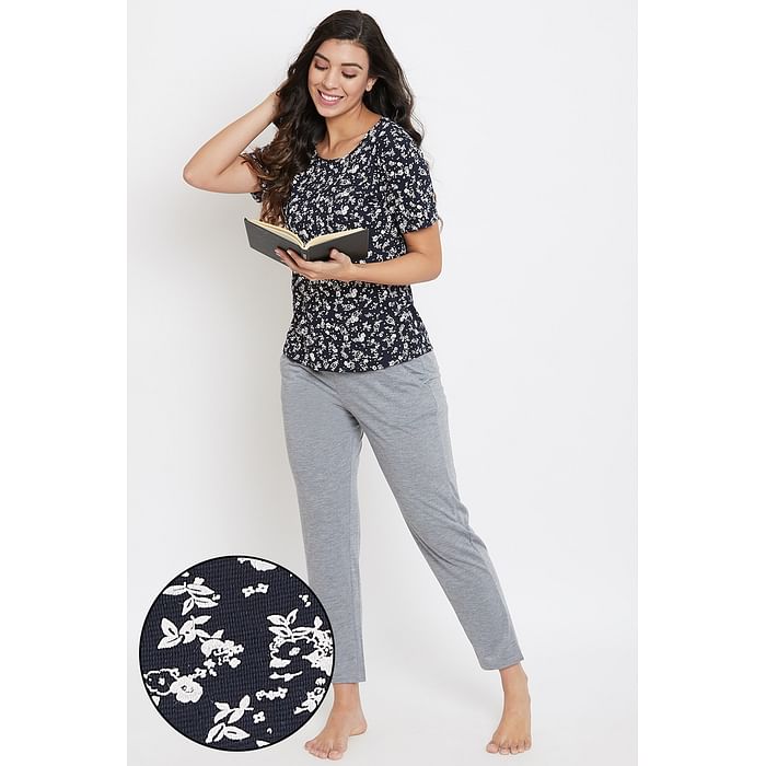 

Clovia Pretty Florals Top & Pyjama Set in Navy & Grey - Cotton Rich - LS0500A08