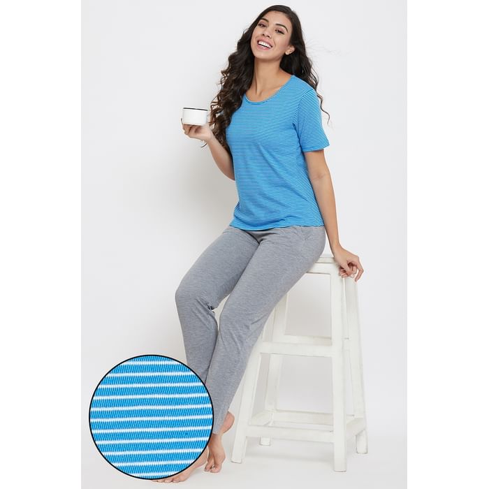 

Clovia Sassy Stripes Top & Pyjama Set in Light Blue & Grey - Cotton Rich - LS0500P03