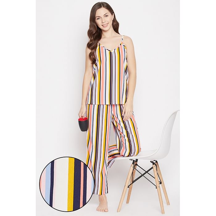

Clovia Sassy Stripes Cami Top & Pyjama in Multicolour - Crepe - LS0513A19