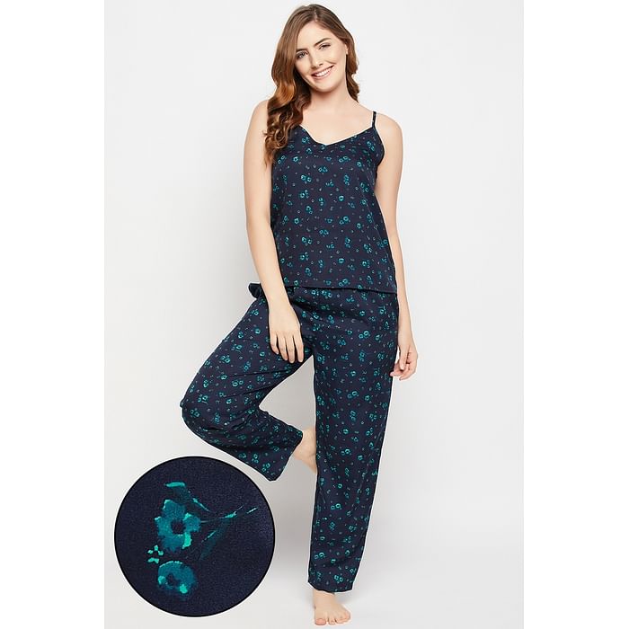 

Clovia Pretty Florals Cami Top & Pyjama Set in Navy - Rayon - LS0513D08