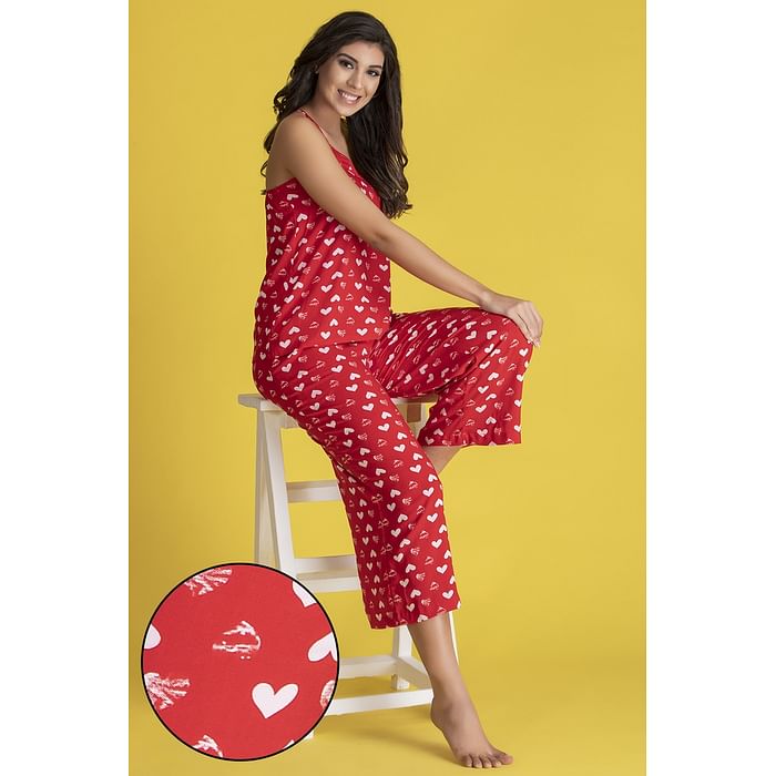 

Clovia Heart Print Cami Top & Pyjama Set in Red- Rayon - LS0513P04