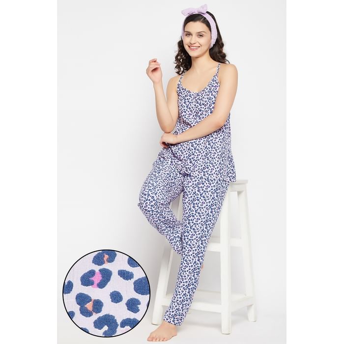 

Clovia Animal Print Cami Top & Pyjama Set in Lilac - Crepe - LS0513P12, Lavender
