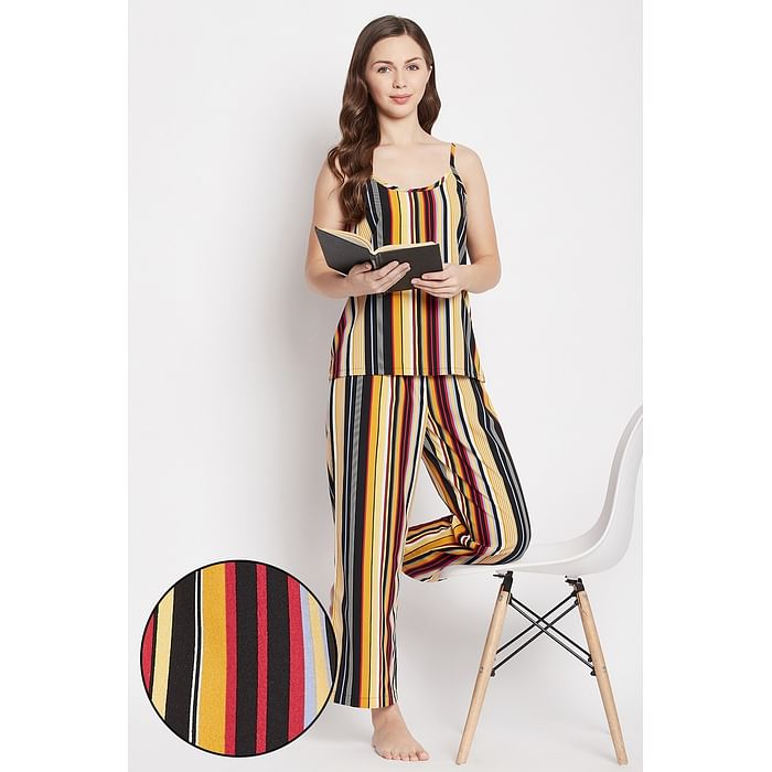 

Clovia Sassy Stripes Cami Top & Pyjama in Multicolour - Crepe - LS0513P19