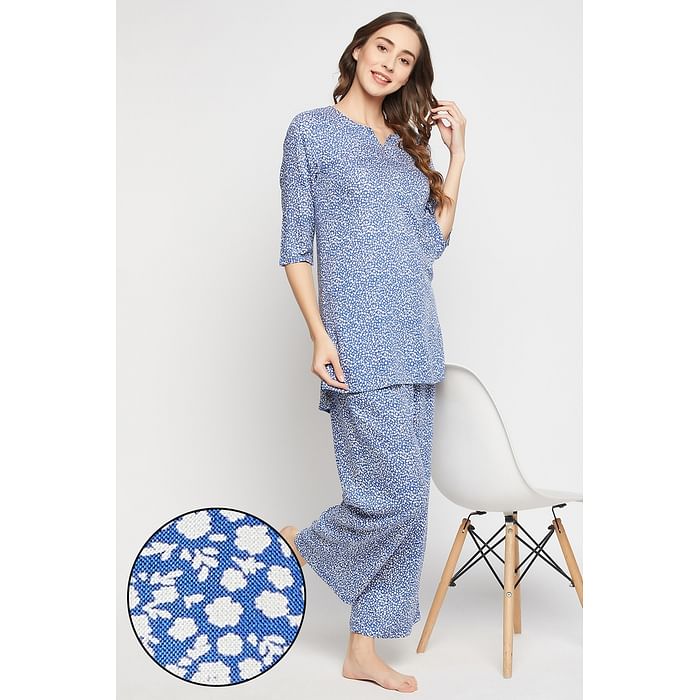 

Clovia Pretty Florals Long Top & Pyjama in Blue - Rayon - LS0514E08, Navy