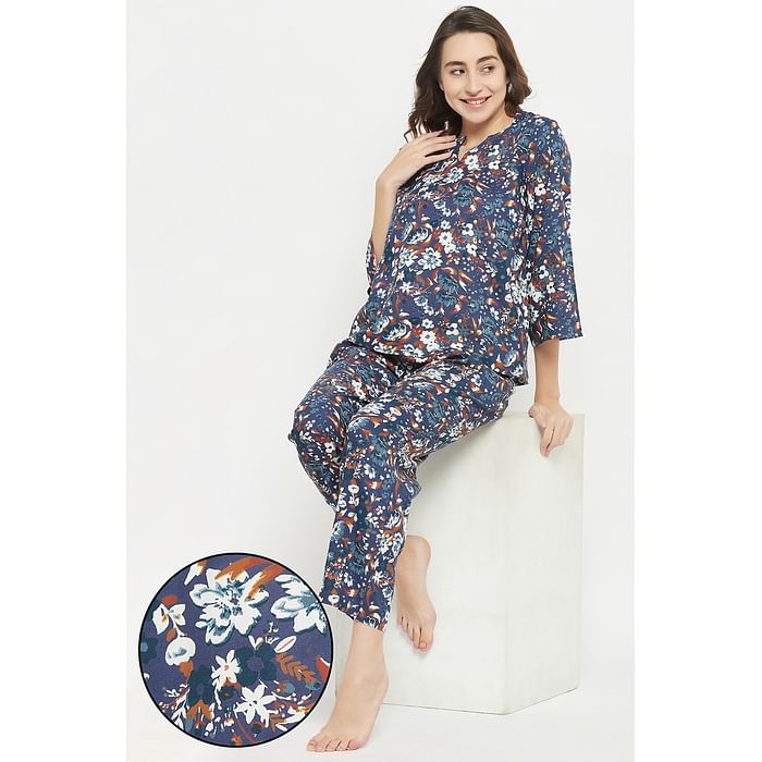 

Clovia Pretty Florals Top & Pyjama Set in Navy - Rayon - LS0514F08