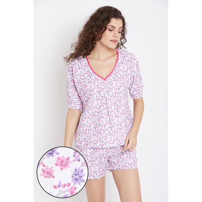 

Clovia Pretty Florals Top & Shorts in White - 100% - LS0515P22, Light pink
