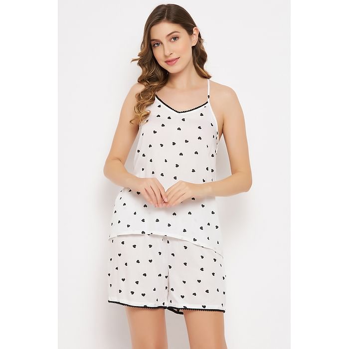 

Clovia Heart Print Cami Top & Shorts Set in White - 100% Cotton - LS0516G18