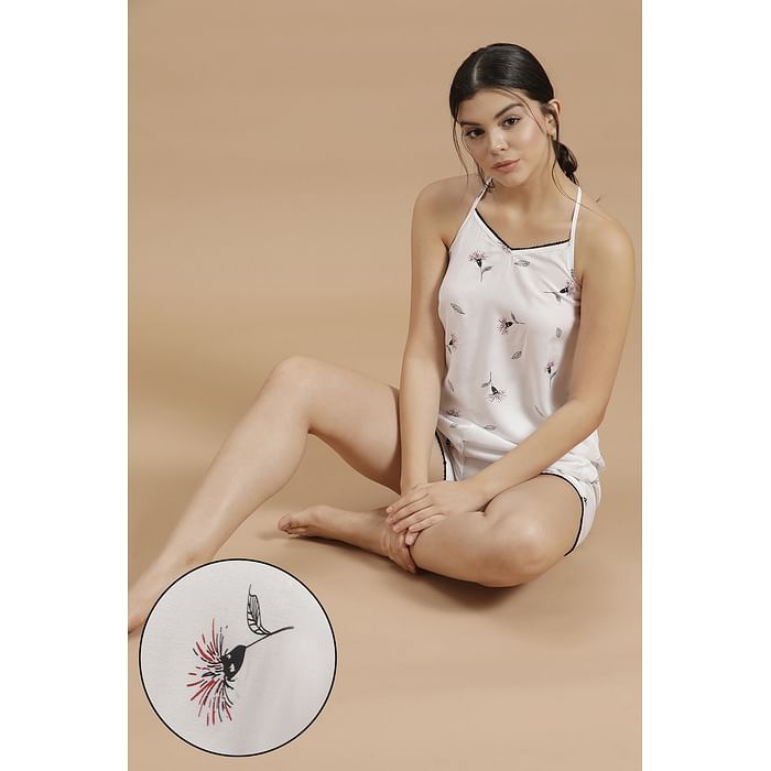

Clovia Pretty Florals Cami Top & Shorts in White - Rayon - LS0516P18
