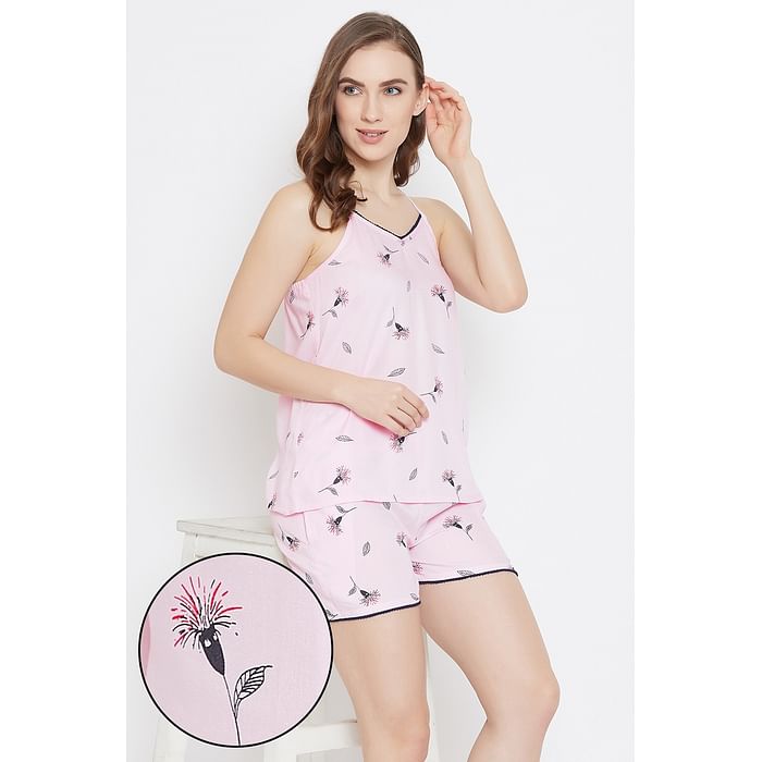 

Clovia Print Me Pretty Cami Top & Shorts in Pink - Rayon - LS0516P22, Light pink