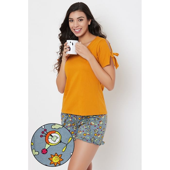 

Clovia Solid Top & Spaceship Print Shorts in Mustard & Grey - 100% Cotton - LS0519P07