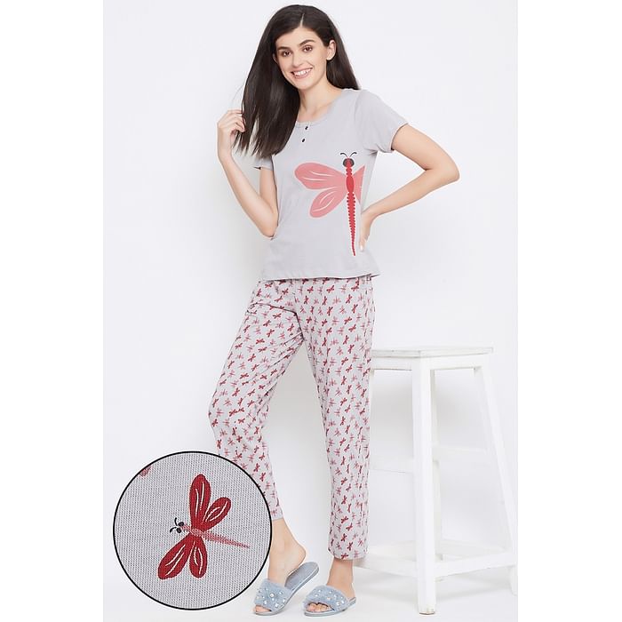 

Clovia Dragonfly Print Top & Pyjama in Grey - Cotton Rich - LS0522A01, Light grey