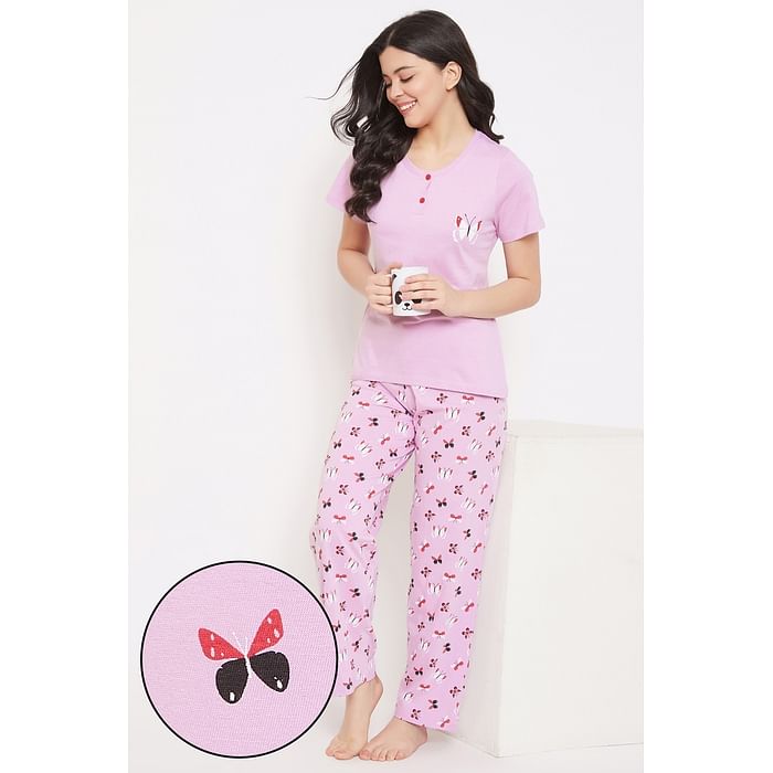 

Clovia Butterfly Print Top & Pyjama in Lilac - 100% Cotton - LS0522A12, Lavender