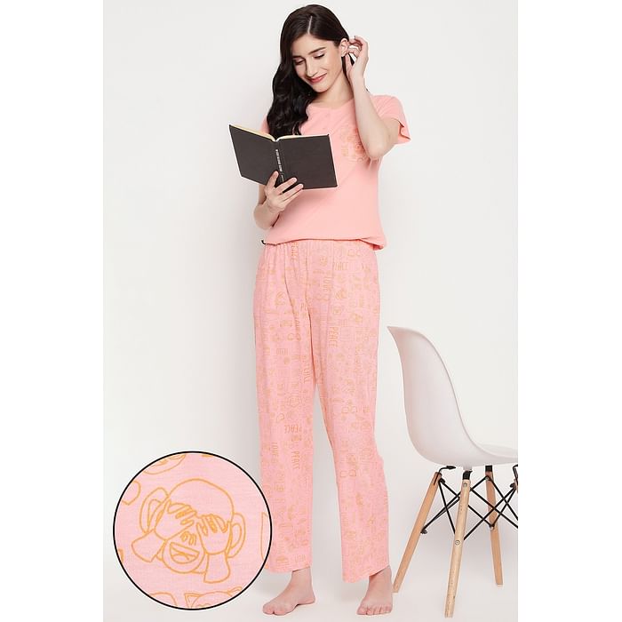 

Clovia Doodle Print Top & Pyjama Set in Salmon Pink - 100% Cotton - LS0522D22, Light pink