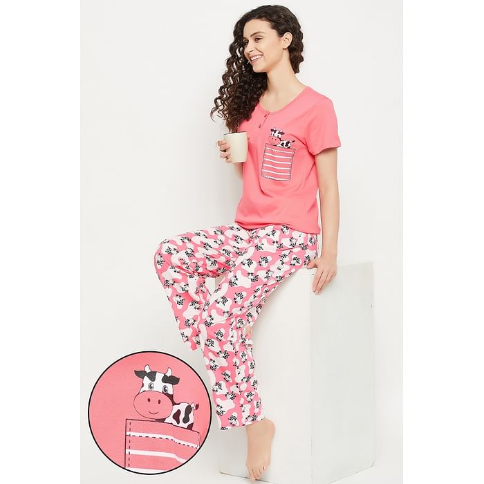 

Clovia Chic Basic Top & Cow Print Pyjama Set in Salmon Pink - 100% Cotton - LS0522E22, Light pink