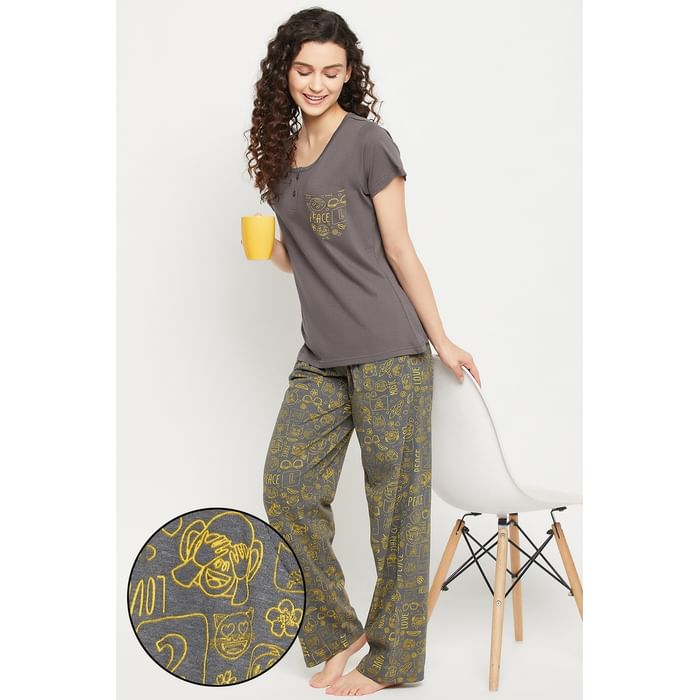

Clovia Doodle Print Top & Pyjama Set in Dark Grey Melange - 100% Cotton - LS0522P05