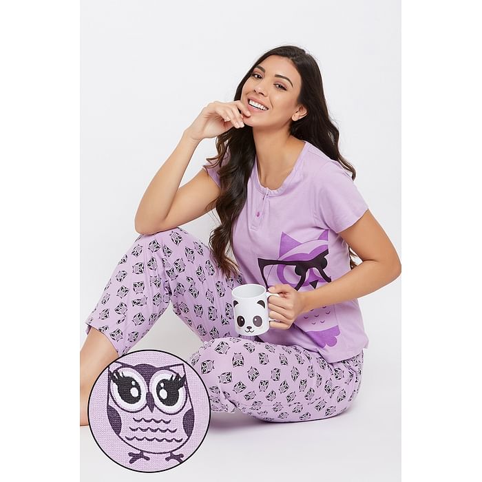 Clovia - Clovia Button Me Up Owl Print Top & Pyjama in Lilac – 100% Cotton  – LS0522P12