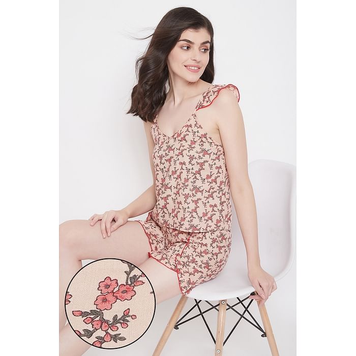 

Clovia Pretty Florals Cami Top & Shorts Set in Soft Pink - 100% Cotton - LS0527P22, Light pink