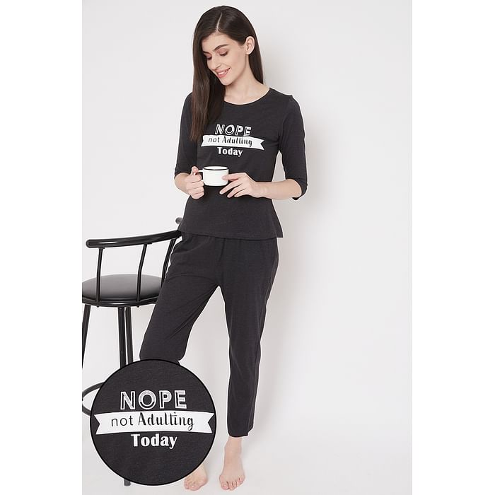 

Clovia Text Print Top & Pyjama in Dark Grey- Cotton Rich - LS0528P01, Light grey