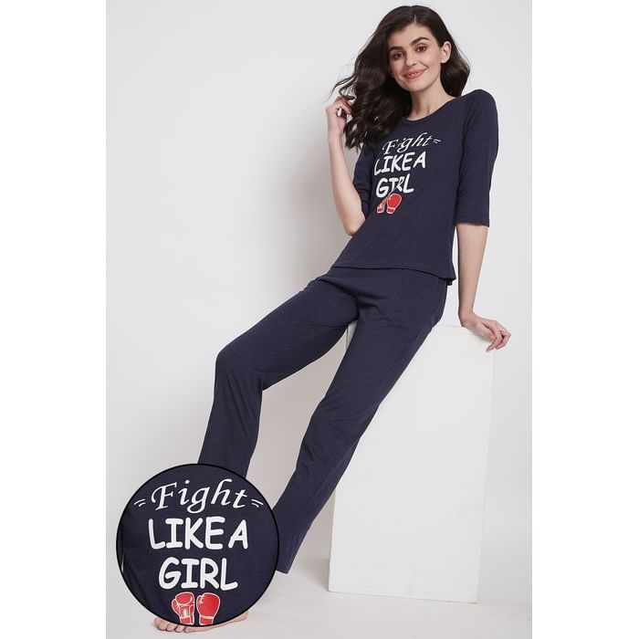 

Clovia Fight Like a Girl Top & Pyjama in Navy- Cotton Rich - LS0528P08