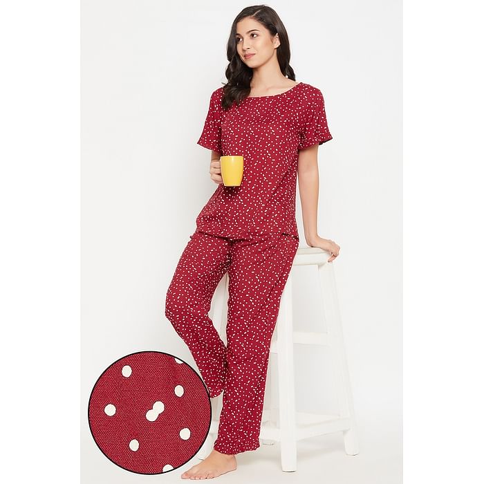 

Clovia Dot Print Top & Pyjama Set in Red - Rayon - LS0534A04